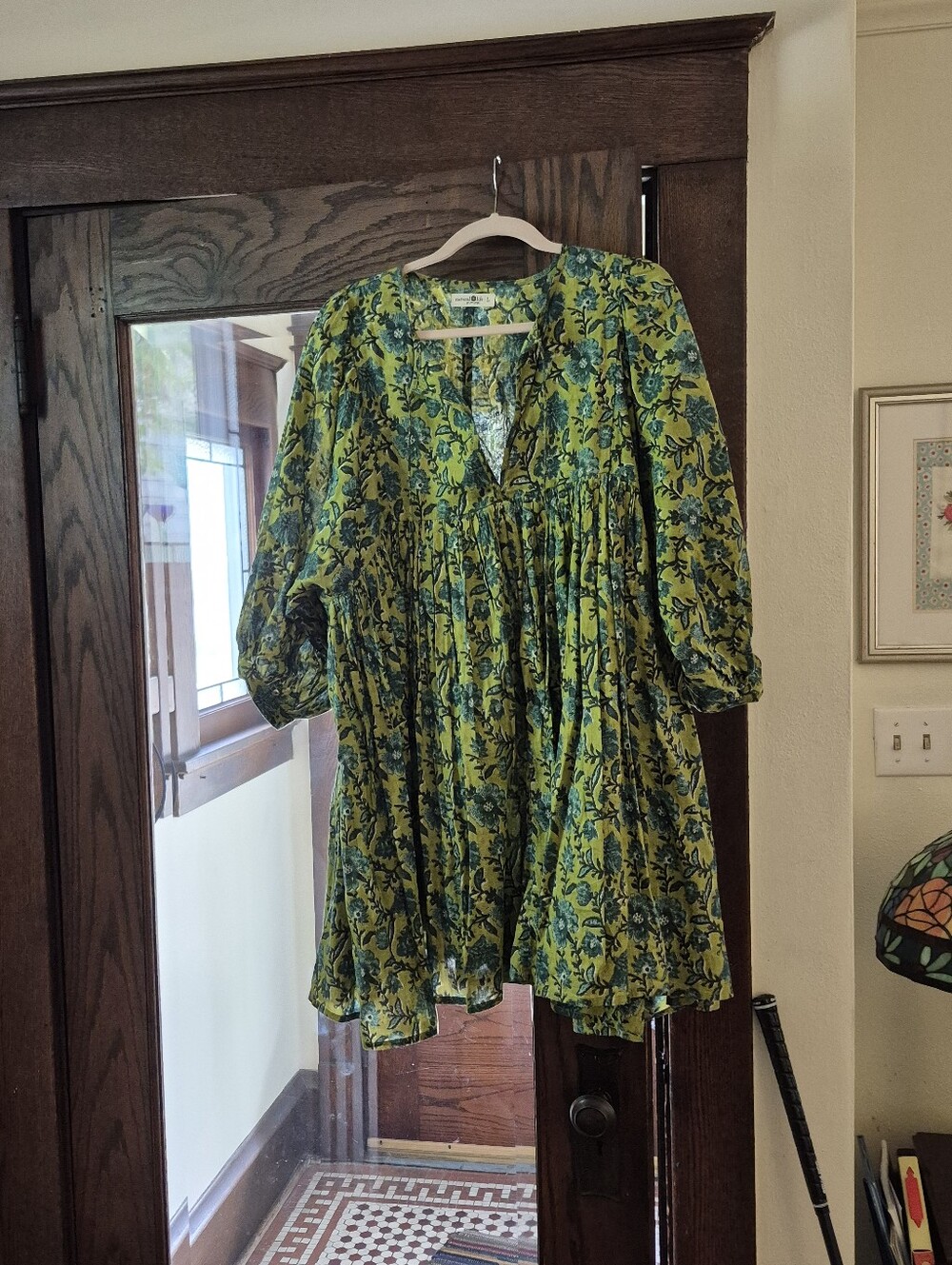 Natural Life Boho Green Floral V-Neck Women's Tunic Top Or Dress